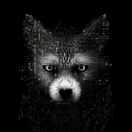 Digital illustration of a wolf head with binary code on a black backgroundの素材