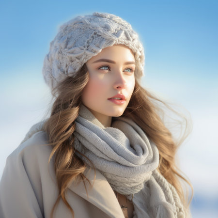 Portrait of a beautiful young woman in a winter hat and scarfの素材