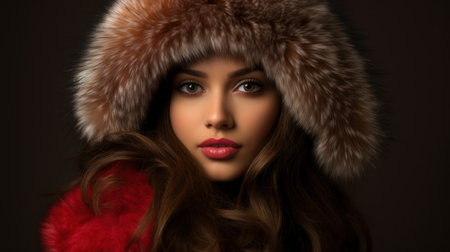 Beautiful young woman in a fur hat on a dark background.の素材