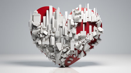 Broken heart with cityscape on white background. 3D renderingの素材