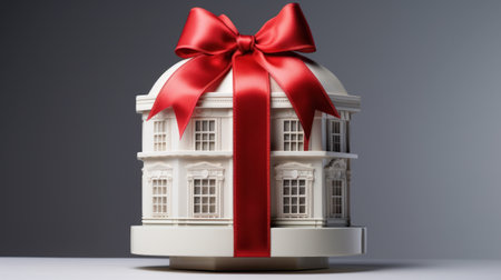 3d rendering of a white toy house with a red bow on a gray backgroundの素材