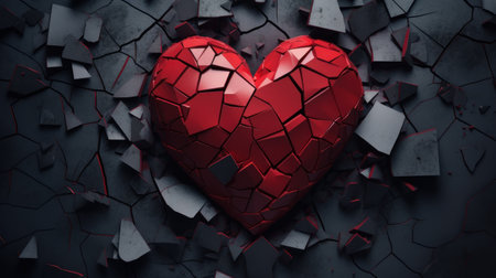 Red broken heart on cracked wall background. 3d render illustration.の素材