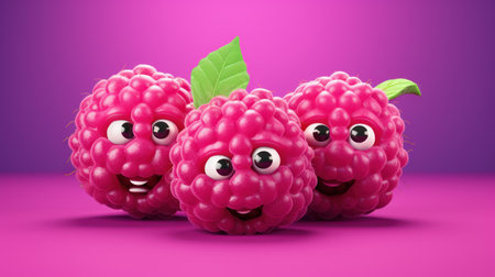 Raspberry fruit with eyes and mouth 3d render on pink backgroundの素材