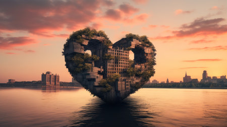 Heart shaped building on the river at sunset. 3D rendering.の素材