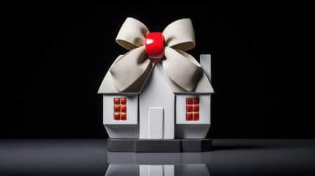 Small white house with a red bow on a black background. Conceptual image.の素材