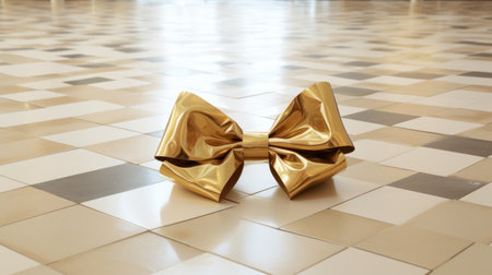 Gold bow on a tiled floor. 3d render illustration.の素材