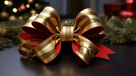 Golden bow on black table with christmas tree in background, 3d renderの素材