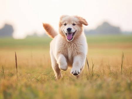 Golden Retriever puppy running on the field in the summer.の素材