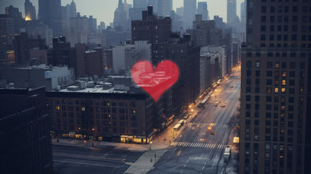 Digital composite of heart against city street and buildings in New York Cityの素材