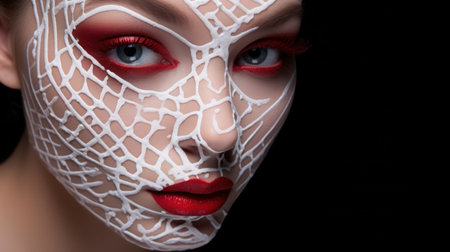 Beautiful girl with red lips and white lace bodyart on black backgroundの素材