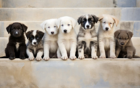 Group of puppies sitting on the stairs and looking at the camera.の素材