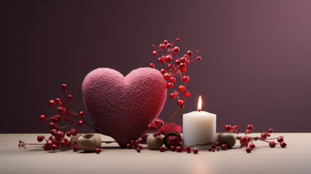Valentine's day background with red heart, candle and red berriesの素材