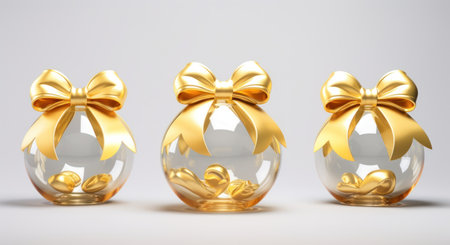 Three golden gift bows on a white background. 3D rendering.の素材