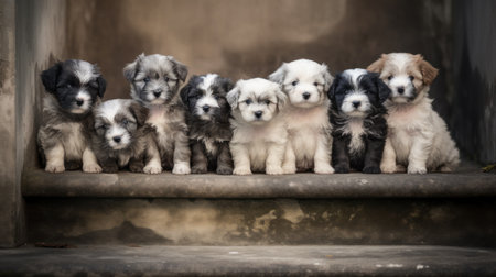 Group of cute puppies sitting on the stairs. Selective focus.の素材
