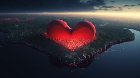 Red heart in the shape of a city on the background of the night cityの素材