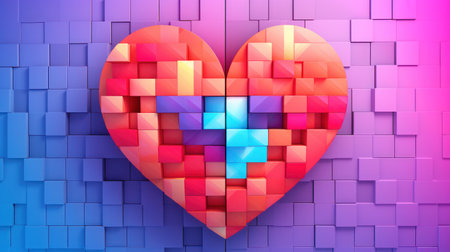 3d rendering of a heart shape made of colorful cubes in the backgroundの素材
