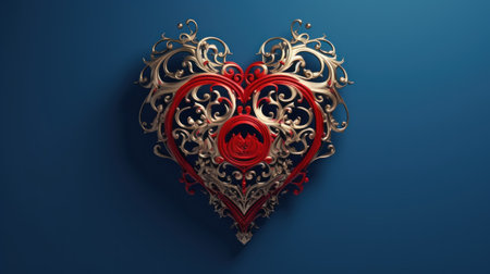 3d illustration of red heart with golden ornament on blue background.の素材
