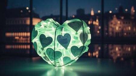 Heart shaped lamp on the table in front of the night city viewの素材