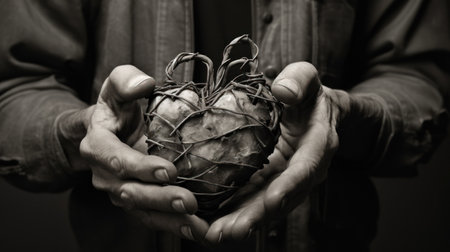Closeup of a man's hands holding a christmas ball.の素材