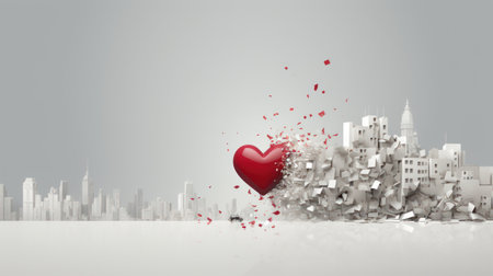 Red heart breaking through wall with cityscape in background 3D renderingの素材