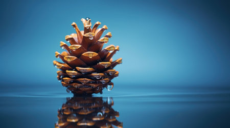 Pine cone on blue background with water drops. 3d renderingの素材