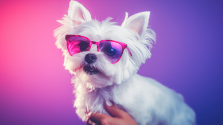 Cute West Highland White Terrier dog wearing pink sunglasses, studio shotの素材
