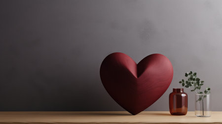 Red heart and vase on wooden table in front of grey wallの素材