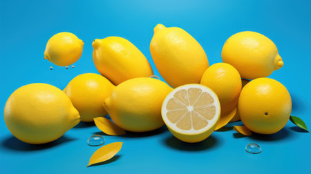 Lemons and lemons on blue background. 3d renderingの素材