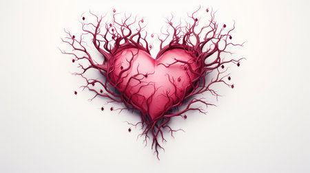 Red heart with blood veins on white background. 3D illustration.の素材