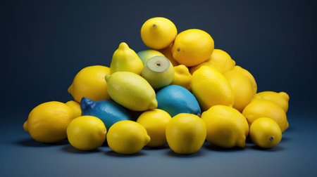 Lemons and lemons on a dark blue background. Copy space.の素材