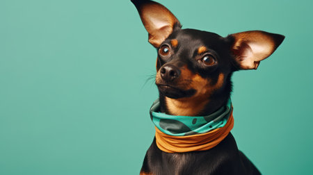 Portrait of a miniature pinscher in a bandana on a green backgroundの素材