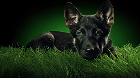 German shepherd puppy lying in the grass on a dark green background.の素材