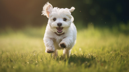 Cute Maltese puppy running in the grass on a sunny day.の素材