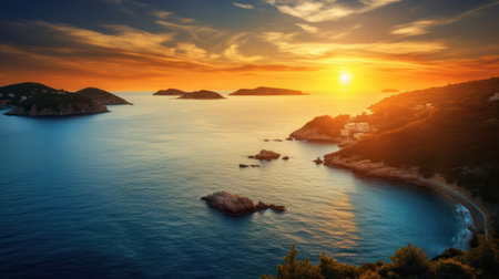 Beautiful sunset over the sea. Panoramic view of the sea and mountains.の素材