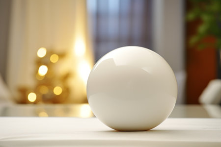 White ball on table in room, closeup. Space for textの素材