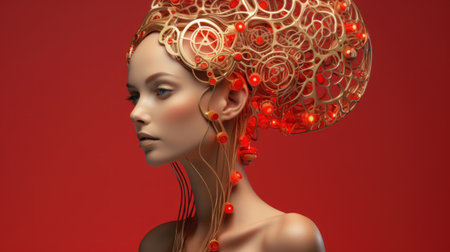 3d rendering of a beautiful woman with golden hair and red jewelryの素材