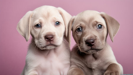 Adorable labrador retriever puppies on a pink background. Studio shot.の素材