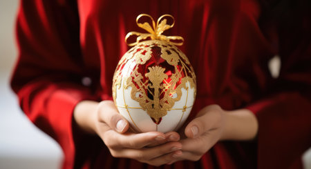 Woman in red dress holding christmas ball, closeup of handsの素材