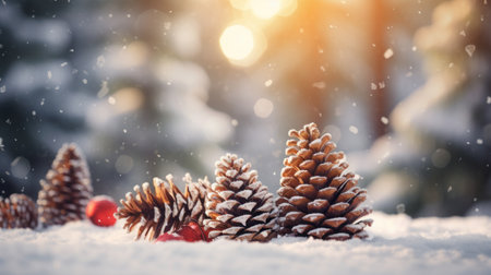 Pine cones on snow with bokeh background. Christmas and New Year concept.の素材