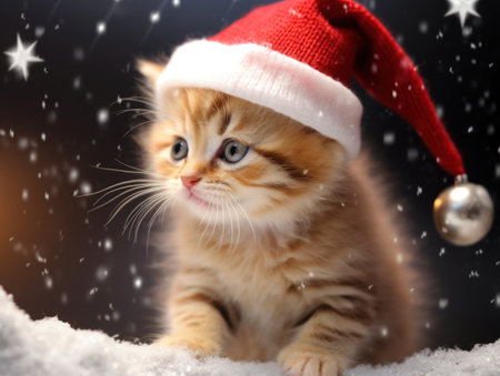 Cute siberian kitten with christmas hat on dark backgroundの素材