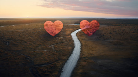 Two red hearts on the road in the field at sunset. 3d renderingの素材