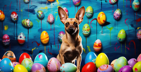 Portrait of a cute chihuahua dog with easter eggs backgroundの素材