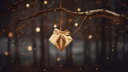 Golden gift box hanging on a tree branch with bokeh backgroundの素材