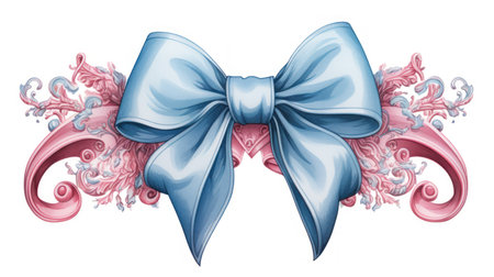 Illustration of a blue bow and ribbon on a white background.の素材