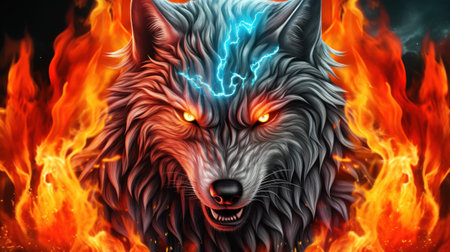 Illustration of a wolf in the flames of a burning fire.の素材