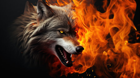 Portrait of a wild wolf in the fire on a black backgroundの素材