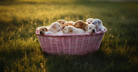 Group of newborn golden retriever puppies in a basket on green grassの素材