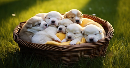 Labrador puppies sleeping in a basket on green grass in the gardenの素材