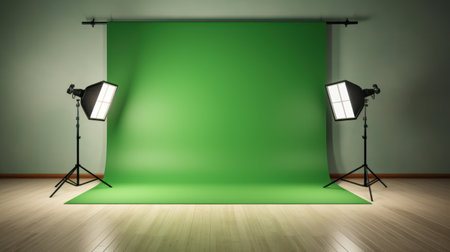 Interior of modern photo studio with green wall and lighting equipment.の素材