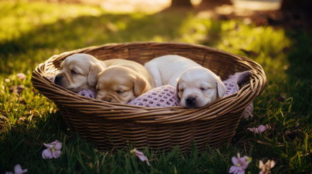 Labrador puppies sleeping in a wicker basket on the grass.の素材